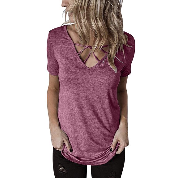 JGGSPWM Women's Casual Short Sleeve V Neck T Shirt Crisscross Front Ladies Loose Solid Color Sleeved Top Wine S
