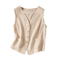 thumbnail image 1 of JGGSPWM Women's Casual Sleeveless Cotton Linen Vest with Pockets Trendy V-Neck Button-Front Waistcoat for Leisure Wear Beige L, 1 of 9