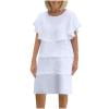 JGGSPWM Women's Casual Solid Color Shawl Collar Short Sleeve Tiered Midi Dress with Round Neckline White 3XL