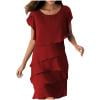 thumbnail image 1 of JGGSPWM Women's Casual Solid Color Shawl Collar Short Sleeve Tiered Midi Dress with Round Neckline Wine L, 1 of 5
