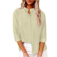 thumbnail image 1 of JGGSPWM Women's Casual Stand Collar 4/3 Sleeve Solid Button-Down Shirt with Pockets Chic Three-Quarter Sleeve Blouse Top Beige XXL, 1 of 6