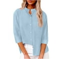 thumbnail image 1 of JGGSPWM Women's Casual Stand Collar 4/3 Sleeve Solid Button-Down Shirt with Pockets Chic Three-Quarter Sleeve Blouse Top Sky Blue XXL, 1 of 6