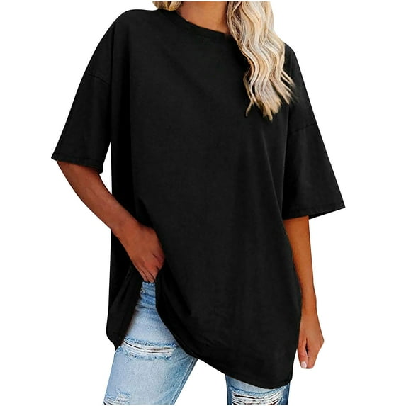 JGGSPWM Women's Casual Tshirt Tees Oversized T Shirts Comfy Crew Neck Cozy Cotton Half Sleeve Tunic Tops Black L