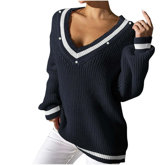 JGGSPWM Women's Casual V Neck Long Sleeve Sweater Cable Knit Preppy Fashion Winter Knit Pullover Striped Jumper Top Blue L