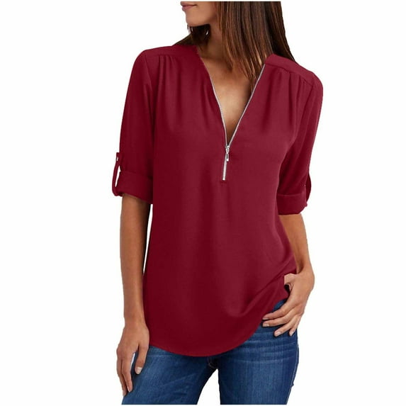 JGGSPWM Women's Casual Zip Front V-Neck 3/4 Sleeve Tunic Top with Chest Pocket Wine 2XL