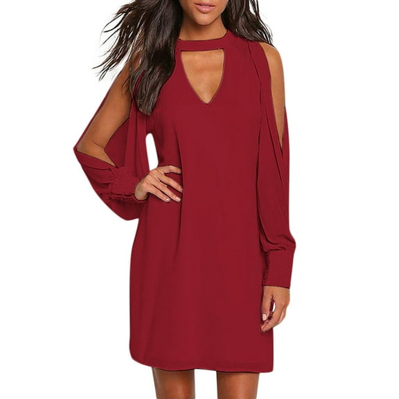 JGGSPWM Women's Chiffon Mini Dress High Waisted A Line Skirt Long Sleeves Dresses Red L