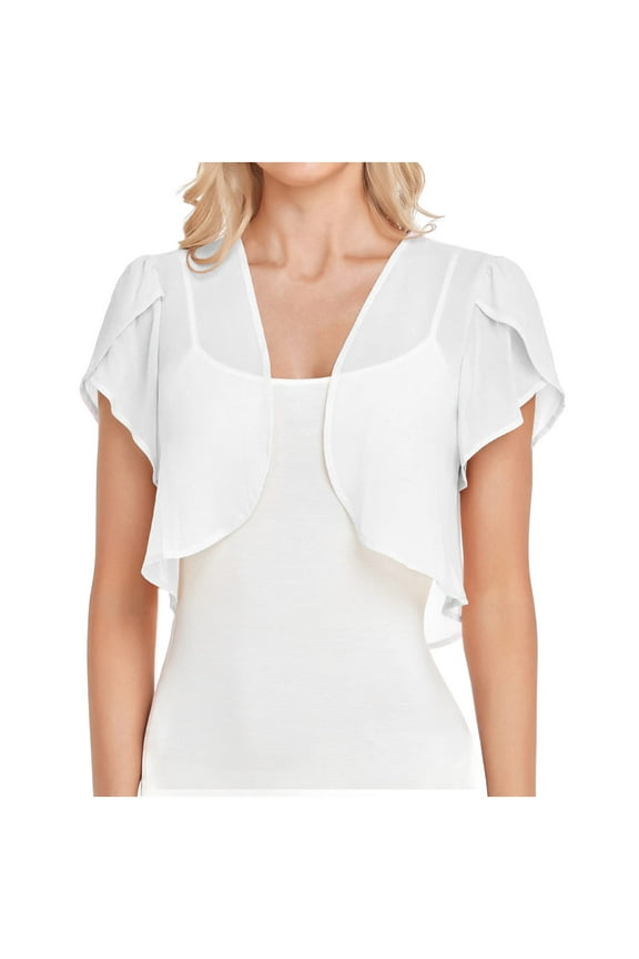 Women's Chiffon Shrug Shawl, Short Sleeve Cape Cropped Open Front Bolero Cardigan for Evening Dresses, Summer Sheer Ruffle Cropped Cape White#/001 L