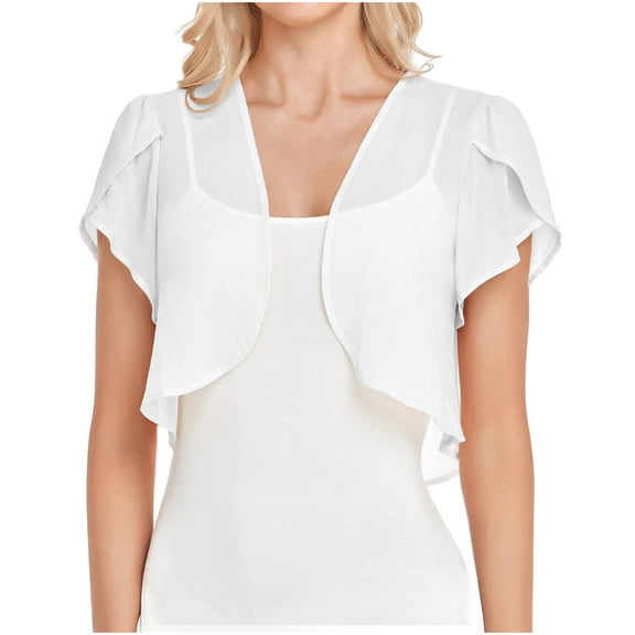 JGGSPWM Women's Chiffon Shrug Shawl, Short Sleeve Cape Cropped Open Front Bolero Cardigan for Evening Dresses, Summer Sheer Ruffle Cropped Cape White#/001 S