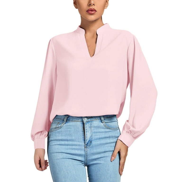 JGGSPWM Women s Classic Versatile Long Sleeve V Neck Solid Blouses Stand Collar Elegant Basic Plain Summer Tops Pink XXL Walmart