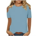 thumbnail image 1 of JGGSPWM Women's Cold Shoulder Short Sleeve Solid Color Round Neck Casual Plain Comfortable Pullover Blouse Top Light Blue L, 1 of 6