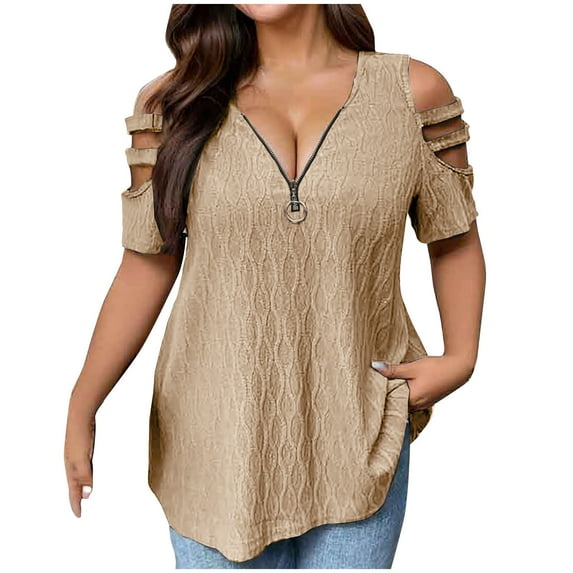 JGGSPWM Women's Cold Shoulder Short Sleeve V-Neck Solid Textured Ribbed Summer Blouse T-Shirt Khaki M