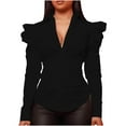 thumbnail image 1 of JGGSPWM Women's Collar V Neck Button Down Split Hem Puff Long Sleeve Shirt Blouse Top Ruched Fall Collared Shirt Tops Y2K Fitted Black M, 1 of 7
