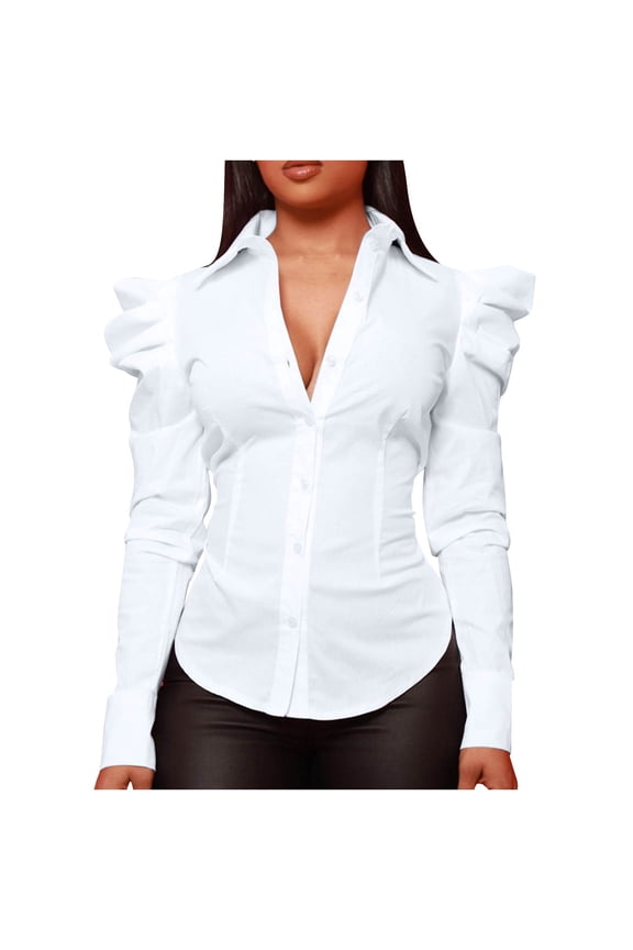 Women's Collar V Neck Button Down Split Hem Puff Long Sleeve Shirt Blouse Top Ruched Fall Collared Shirt Tops Y2K Fitted White L