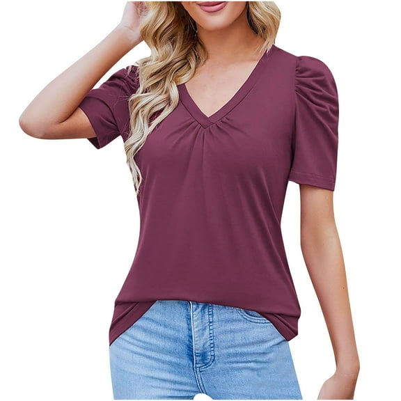 JGGSPWM Women's Comfy Casual Elegant Short Sleeve V Neck Solid Blouses Plus Size Ruched Puff Sleeve Pleated Plain Ladies Tops Wine M