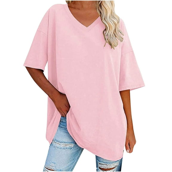 JGGSPWM Women's Comfy Cotton V Neck Half Sleeve Tees Tunic Casual Tshirt Oversized T Shirts Cozy Tops Pink L