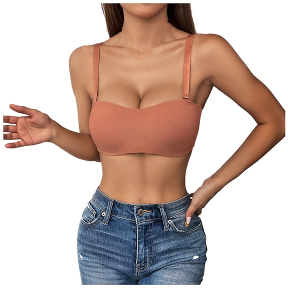 JGGSPWM Women's Convertible Sports Bra Bandeau Strapless Tube Top Padded Wireless Yoga Workout Underwear Everyday Bras Red M