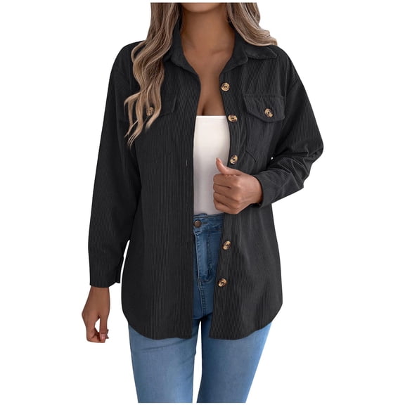 JGGSPWM Women's Corduroy Shirt Shacket Button Down Oversized Solid Color Lightweight Office Fall Trendy Pocket Jacket Black M