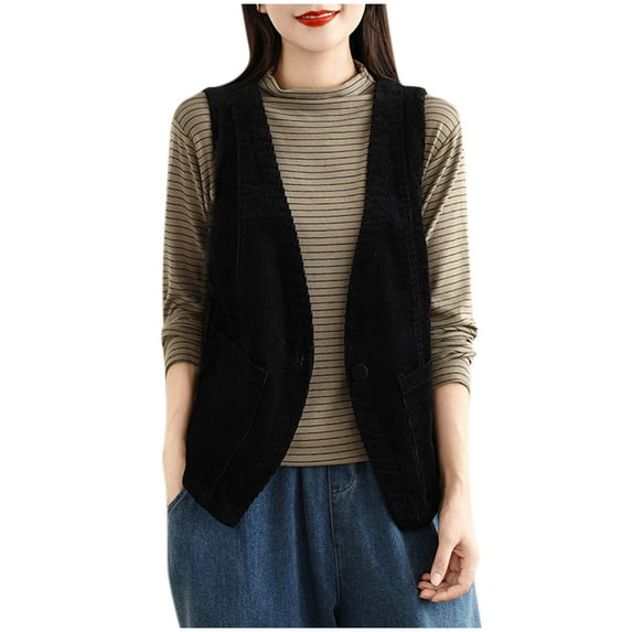 JGGSPWM Women's Corduroy V Neck Vest Casual Button Down Sleeveless Gilet Jacket with Pockets Black L