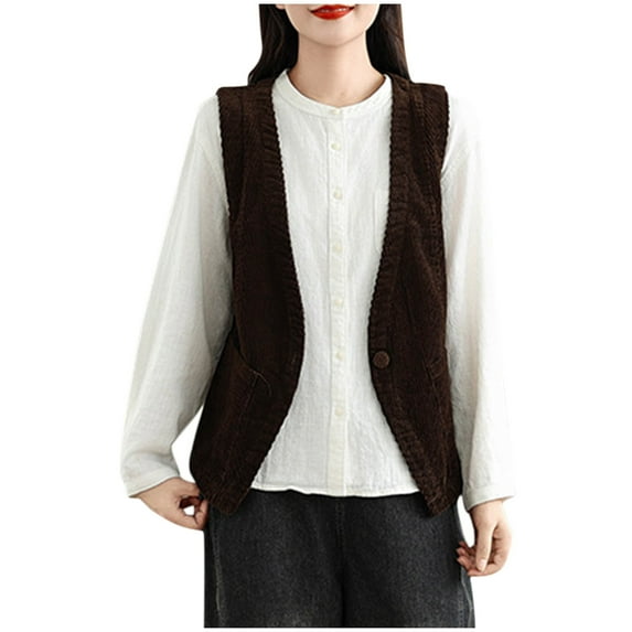 JGGSPWM Women's Corduroy V Neck Vest Casual Button Down Sleeveless Gilet Jacket with Pockets Coffee 2XL