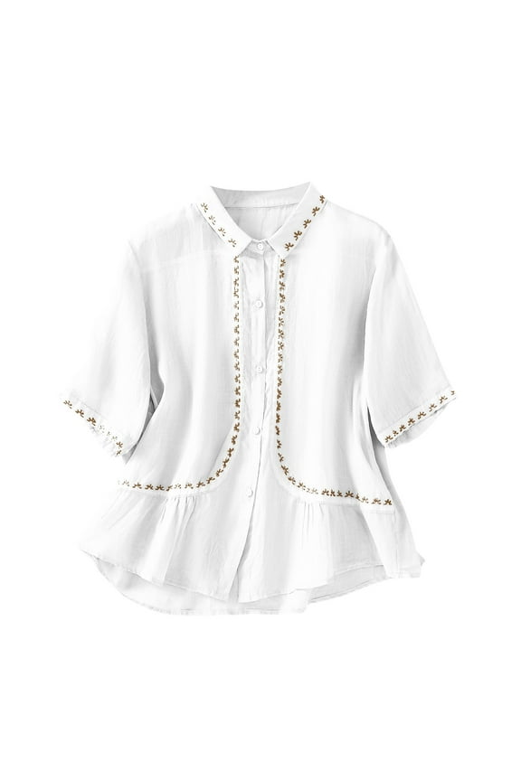 Women's Cotton Linen 3/4 Sleeves Button Down Tunic Tops Lapel Solid Color Embroidery Blouse White XXL