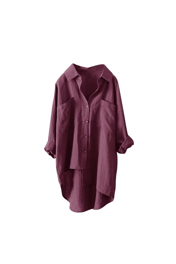 Women's Cotton Linen Shirts Button Down V Neck Blouse Casual Long Sleeve High Low Tops Plus Size with Pocket Purple XXL