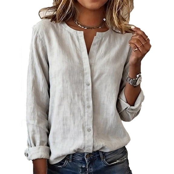 JGGSPWM Women's Cotton Linen Shirts Spring and Summer Long Sleeve V Neck Button Down Business Casual Solid Color Blouses White XXL
