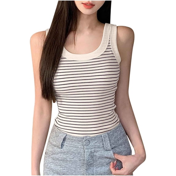 JGGSPWM Women's Cotton Striped Tank Top Soft Breathable Sleeveless Slim Fit Camisole Top for Layering and Casual Wear Brown L