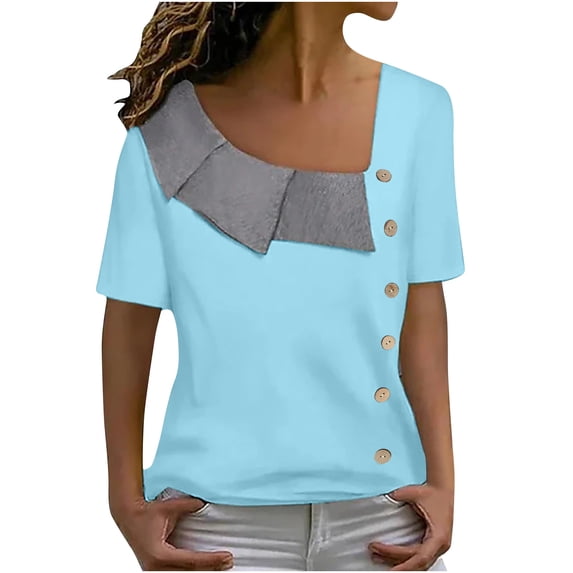 JGGSPWM Women's Cozy Casual Short Sleeve V-Neck Solid Blouse Plus Size Shirts Button Down Ruched Collar Summer Tops Light Blue M