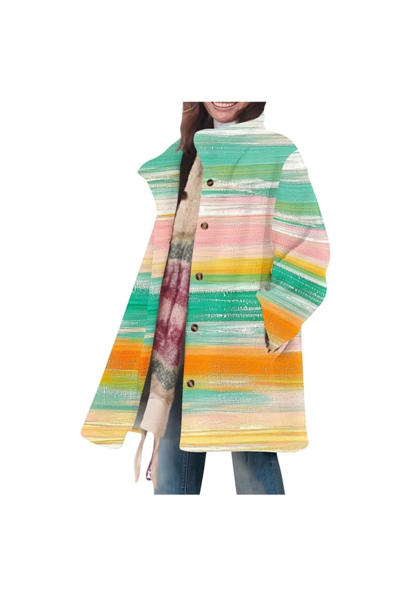 Women's Cozy Fleece Jacket Trendy Fashion Western Printed Loose Collar Button Long Sleeved Jacket Coat Casual Warm Outwear Green L