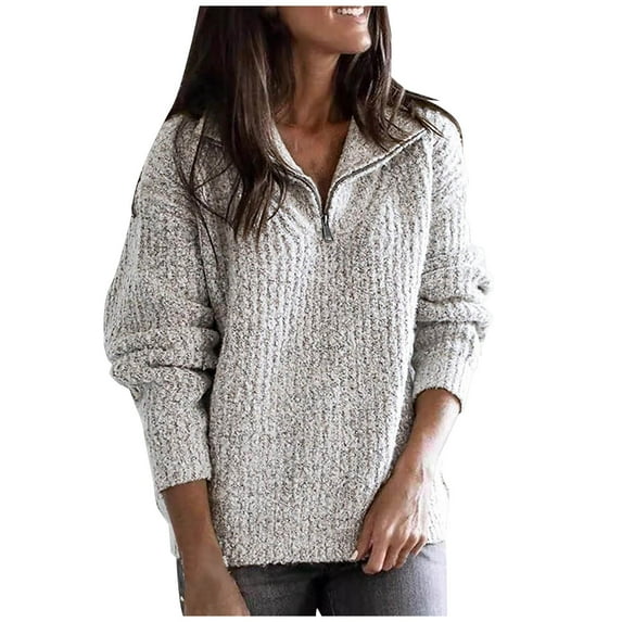 JGGSPWM Women's Cozy Long Sleeve Half-Zip Sweater Oversized V-Neck Collar Ribbed Knit Pullover Top for Relaxed Comfort Gray L