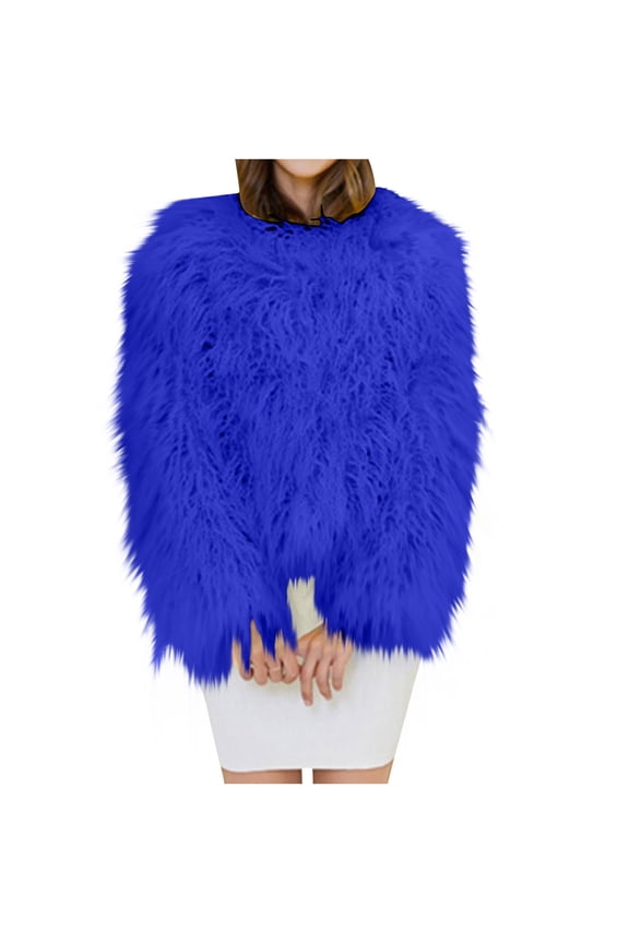 Women's Cozy Shaggy Faux Furry Winter Outwear: Warm Long Sleeve Coat Jacket Blue 2XL