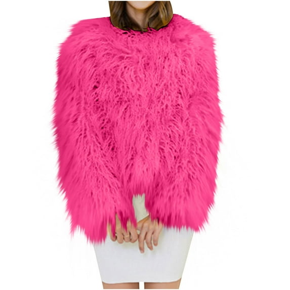 JGGSPWM Women's Cozy Shaggy Faux Furry Winter Outwear: Warm Long Sleeve Coat Jacket Hot Pink S
