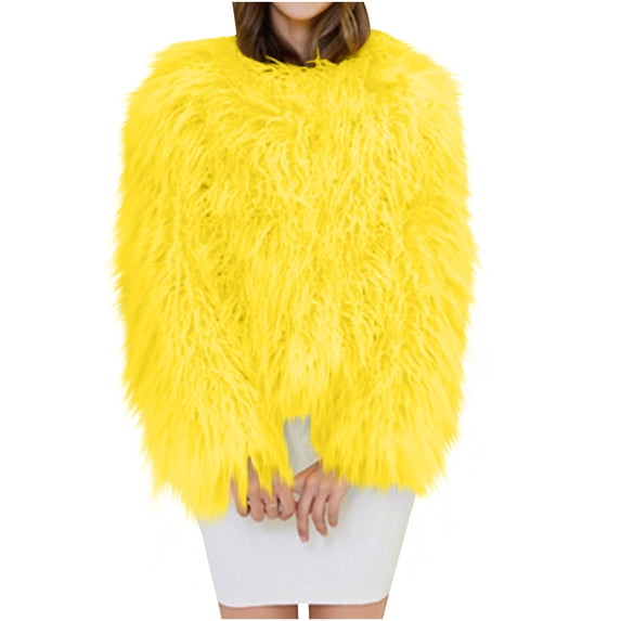 JGGSPWM Women's Cozy Shaggy Faux Furry Winter Outwear: Warm Long Sleeve Coat Jacket Yellow 3XL