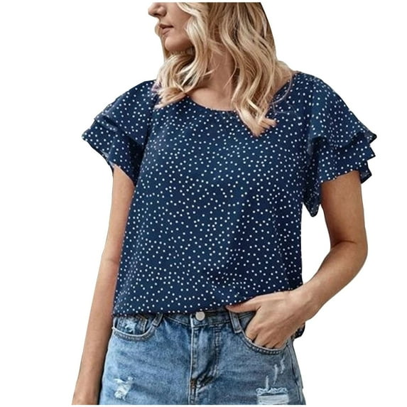 JGGSPWM Women's Crew Neck Ruffled Short Sleeve Polka Dot Dressy Casual Business Blouse Top Blue M