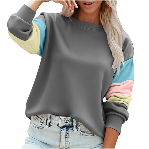 JGGSPWM Women's Crewneck Sweatshirt Lightweight Comfort Loose Long Sleeve Tops Casual Pullover Color Block Shirts Gray L