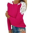 thumbnail image 1 of JGGSPWM Women's Crochet Shoulder Solid Pullover Fancy Tops Crew Neck Blouse Long Sleeve T-shirts Casual Print Shirts Casual Printed Tees Hot Pink XL, 1 of 5