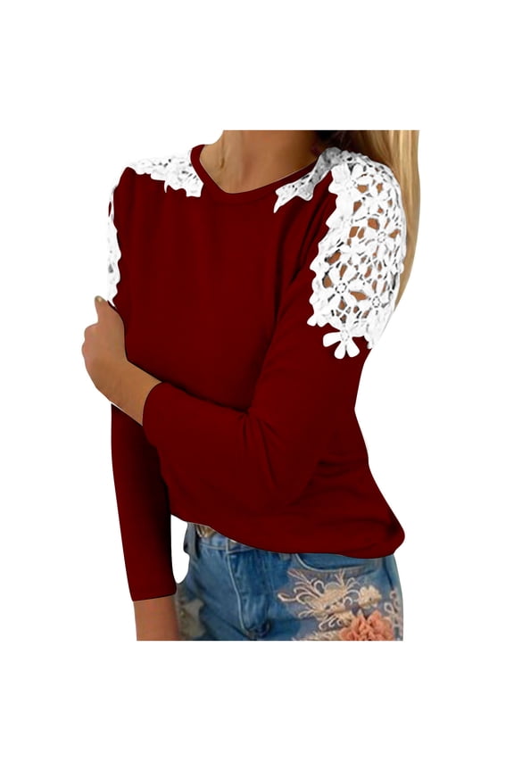 Women's Crochet Shoulder Solid Pullover Fancy Tops Crew Neck Blouse Long Sleeve T-shirts Casual Print Shirts Casual Printed Tees Wine L