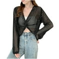thumbnail image 1 of JGGSPWM Women's Crochet Tops V Neck 3/4 Sleeve Summer Beach Crop Hollow Out Twist Front Top Black Free Size, 1 of 3