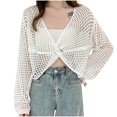 thumbnail image 1 of JGGSPWM Women's Crochet Tops V Neck 3/4 Sleeve Summer Beach Crop Hollow Out Twist Front Top White Free Size, 1 of 3