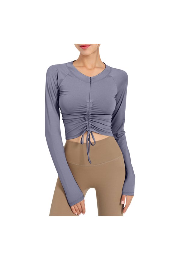 Women's Crop Top Drawstring Ruched Long Sleeve Shirt Ribbed Yoga Athletic Sweatshirt Workout Slim Fitted Tee Gray S