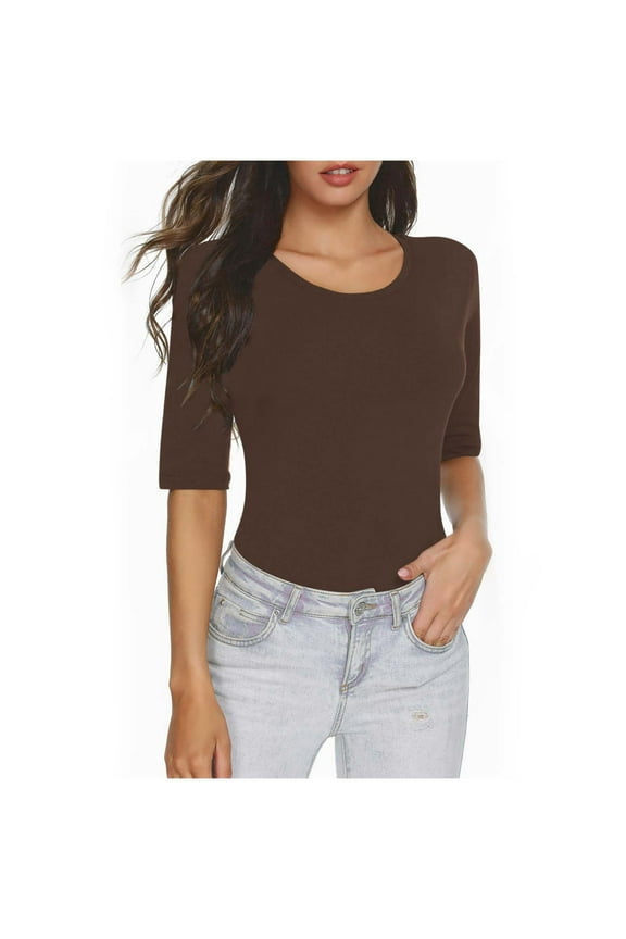 Women's Crop Tops Basic Scoop Neck 3/4 Sleeve T-Shirt V Neck Half Sleeve Tees Slim Fit Coffee S