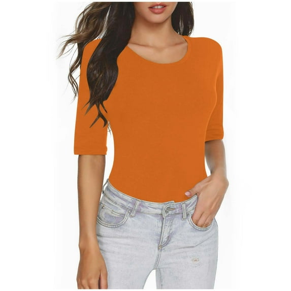 JGGSPWM Women's Crop Tops Basic Scoop Neck 3/4 Sleeve T-Shirt V Neck Half Sleeve Tees Slim Fit Orange XL