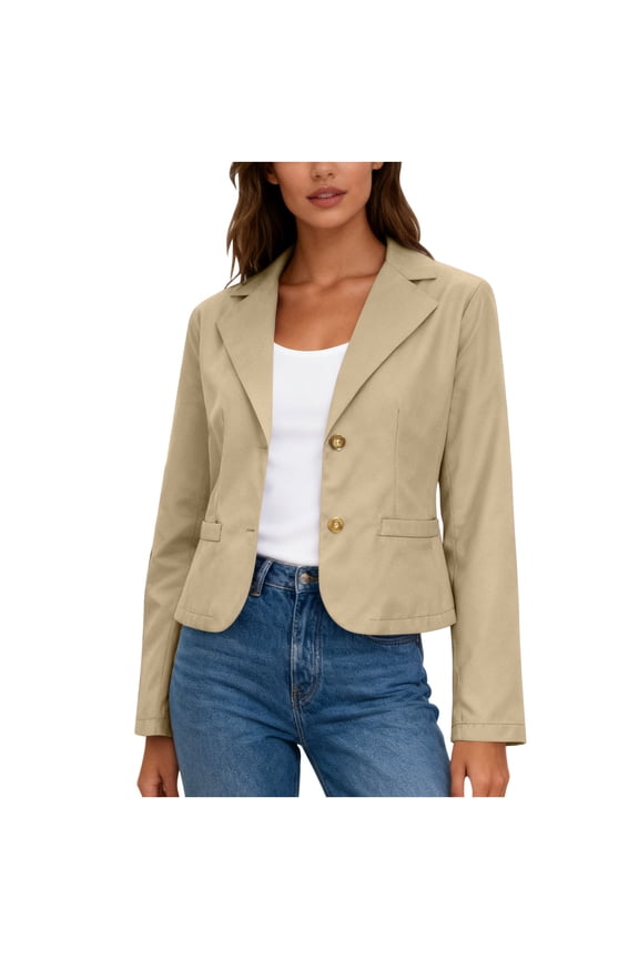 Women's Cropped Blazers Ruched Sleeve Lightweight Work Office Blazer Jacket Short Blazer with Button Beige M