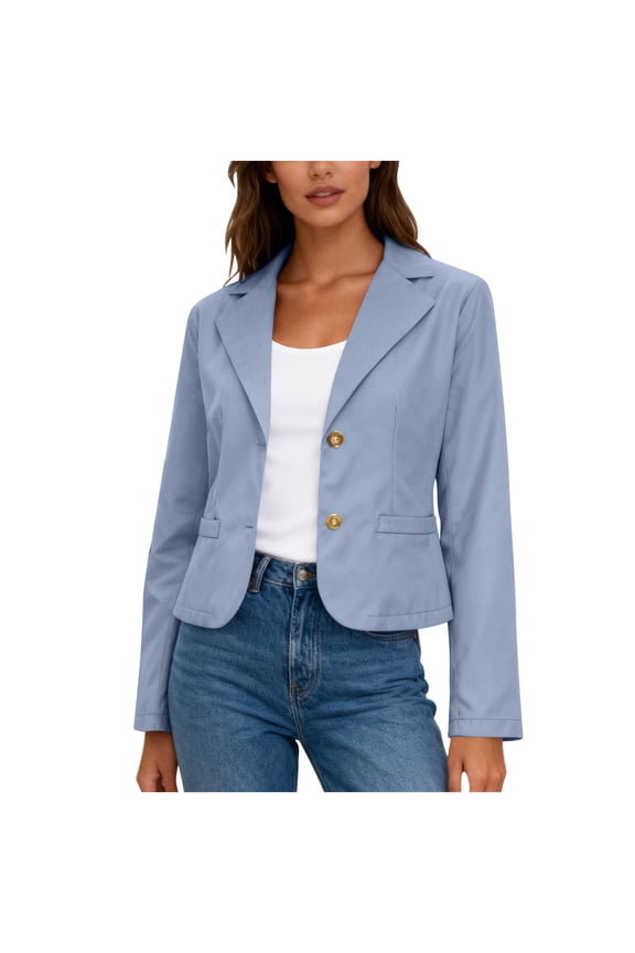 Women's Cropped Blazers Ruched Sleeve Lightweight Work Office Blazer Jacket Short Blazer with Button Blue L