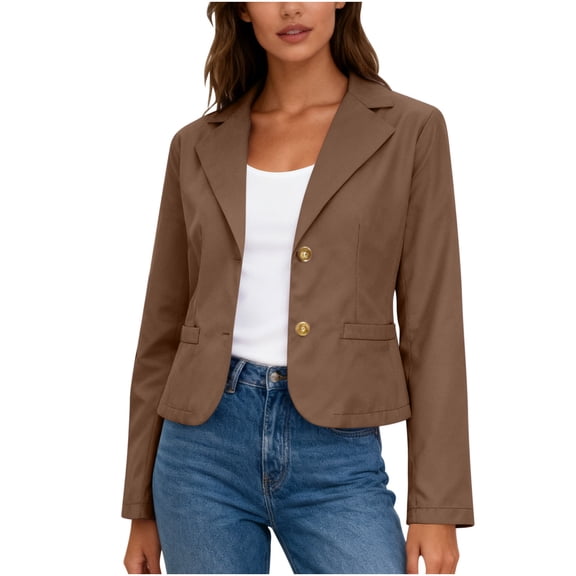 JGGSPWM Women's Cropped Blazers Ruched Sleeve Lightweight Work Office Blazer Jacket Short Blazer with Button Brown S