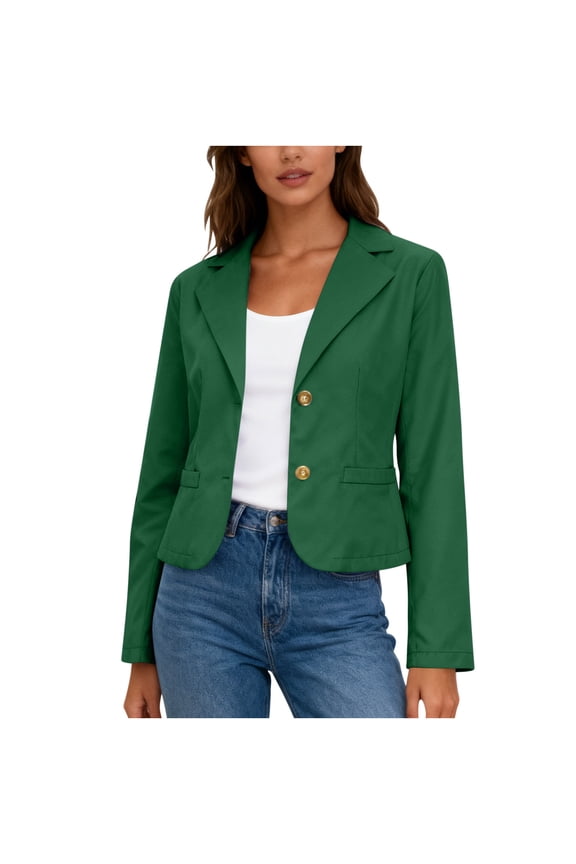 Women's Cropped Blazers Ruched Sleeve Lightweight Work Office Blazer Jacket Short Blazer with Button Green S