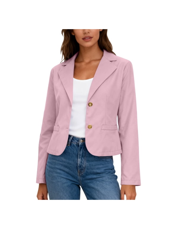 Women's Cropped Blazers Ruched Sleeve Lightweight Work Office Blazer Jacket Short Blazer with Button Pink L