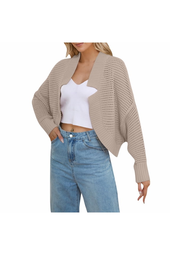 Women's Cropped Crochet Cardigan Long Sleeve Knit Open Front Bolero Shrugs Sweater for Dresses Fall Fashion Yellow L