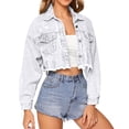thumbnail image 1 of JGGSPWM Women's Cropped Denim Jacket Long Sleeve Button Down Basic Classic Jean Jacket Fashion Outwear Jackets Loose Coat White S, 1 of 9