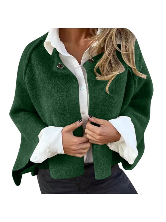 Women's Cropped Wool Blend Coat - Fall/Winter Short Button Cardigan Jacket Women's Long, Crocheted, and Duster Cardigans Autumn Fashion Sweater Green 4XL